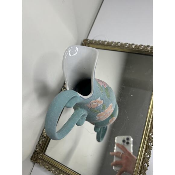 Vintage Glazed Sand Textured Botanical Roses Blue Ceramic Ewer Pitcher Vase - Picture 3 of 9